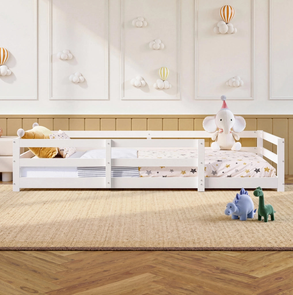 Letto Montessori per bambini in legno di pino 90x200 cm con barriera bianca