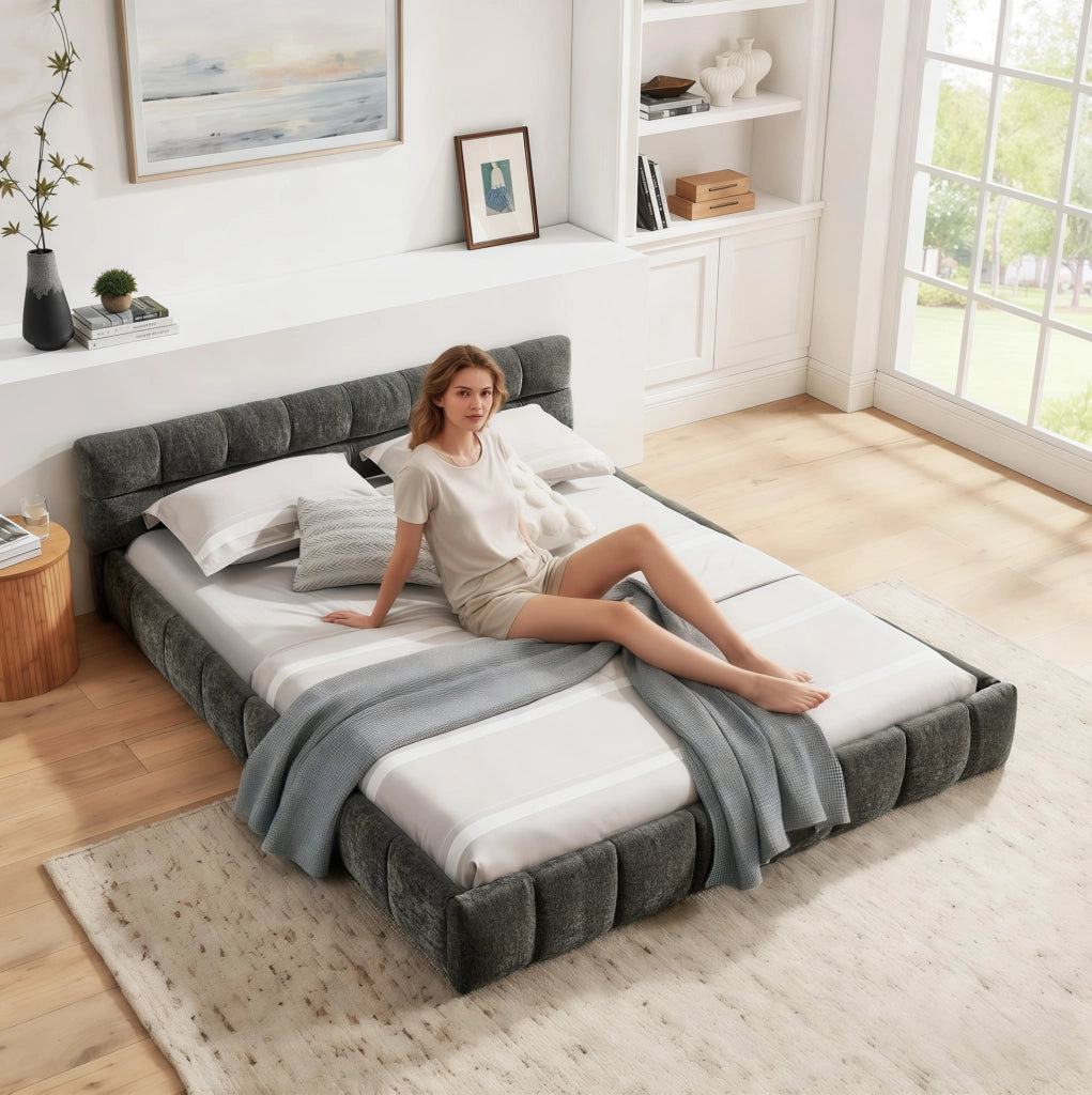 Letto matrimoniale 160x200 cm in chenille grigio scuro con struttura in eucalipto e ferro