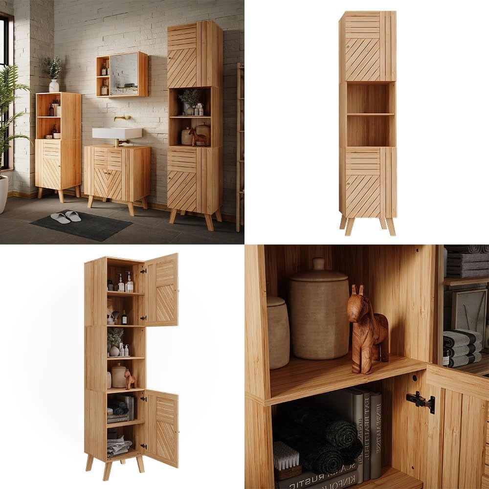 Mobile da bagno Lucie, Bambù, 40 x 177 cm con 2 porte, adatto per la conservazione salvaspazio di accessori da bagno
