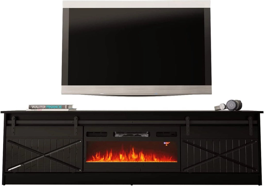 MOBILE TV CON CAMINETTO ELETTRICO GRANERO INCORPORATO cm200x35x57 NERO LUCIDO