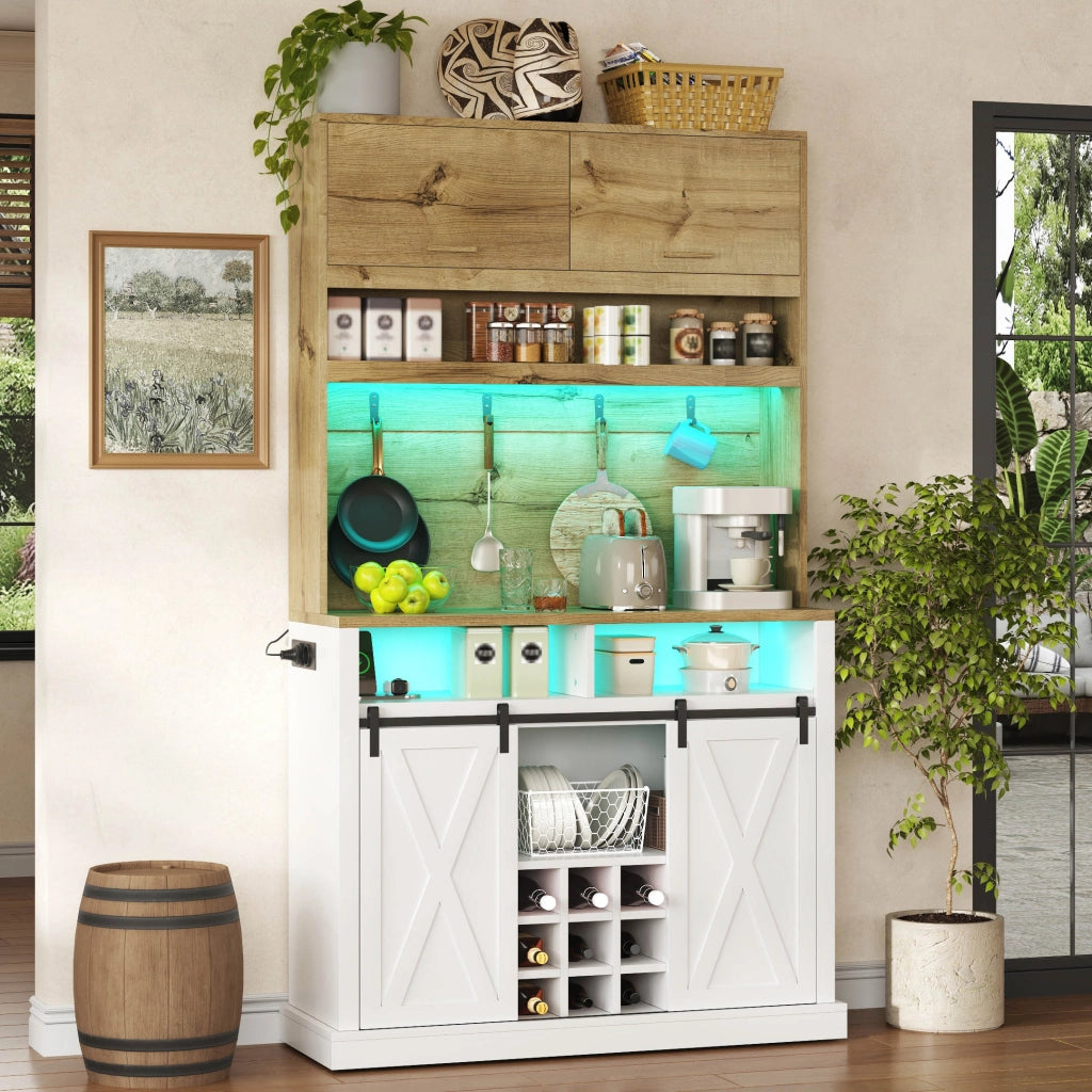 Credenza alta da cucina con vetrina, LED RGB, ripiani aperti e ante scorrevoli, 110 x 40 x 191 cm