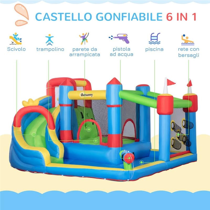 CASTELLO GONFIABILE PER BAMBINI CON SCIVOLO, TRAMPOLINO E PISCINA, 390X300X197CM