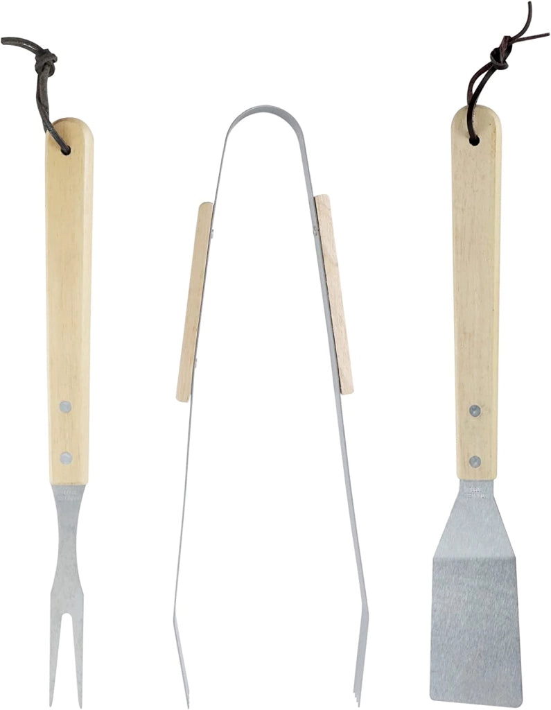 Set di 3 Attrezzi per Barbecue in Acciaio e Legno-Spatola, Pinza e Forchettone - Dim. 35x6.8x1.5 cm.35x9.5x2.5 cm.35x2.2x1.5cm