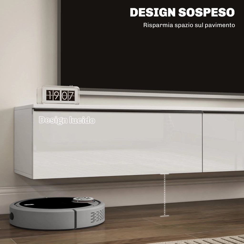 Mobile TV Sospeso con Ante a Ribalta e Armadietti ¨C Zephmum ¨C Bianco Lucido 160x35x30 cm