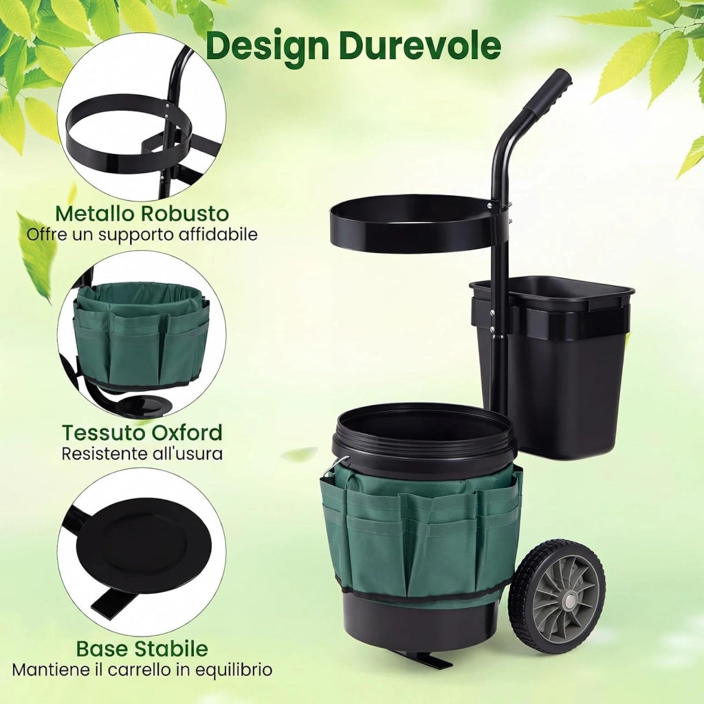 Carrello da Giardino a 2 Ruote, Carrellino da Esterno per Attrezzi da Giardinaggio con Borsa in in Tessuto Oxford, 20 L Secchio Rotondo e 10 L Contenitore Rettangolare Rimovibili