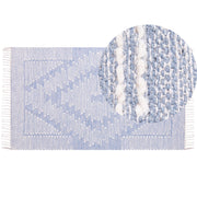 Tappeto in cotone e lana con nappe bianco blu 80 x 150 cm soggiorno camera da letto