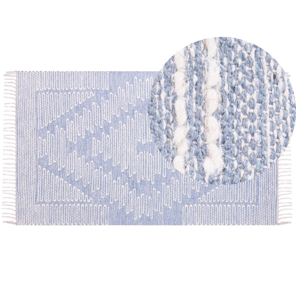 Tappeto in cotone e lana con nappe bianco blu 80 x 150 cm soggiorno camera da letto