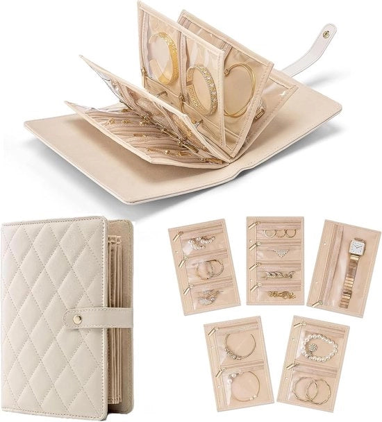 Cassaforte per gioielli - Contenitore per viaggio per gioielli - Libretto per gioielli - con anello e chiusura trasparente a zip - Contenitore per gioielli - Tasca per gioielli - per anelli, collane e orecchini - Bianco crema