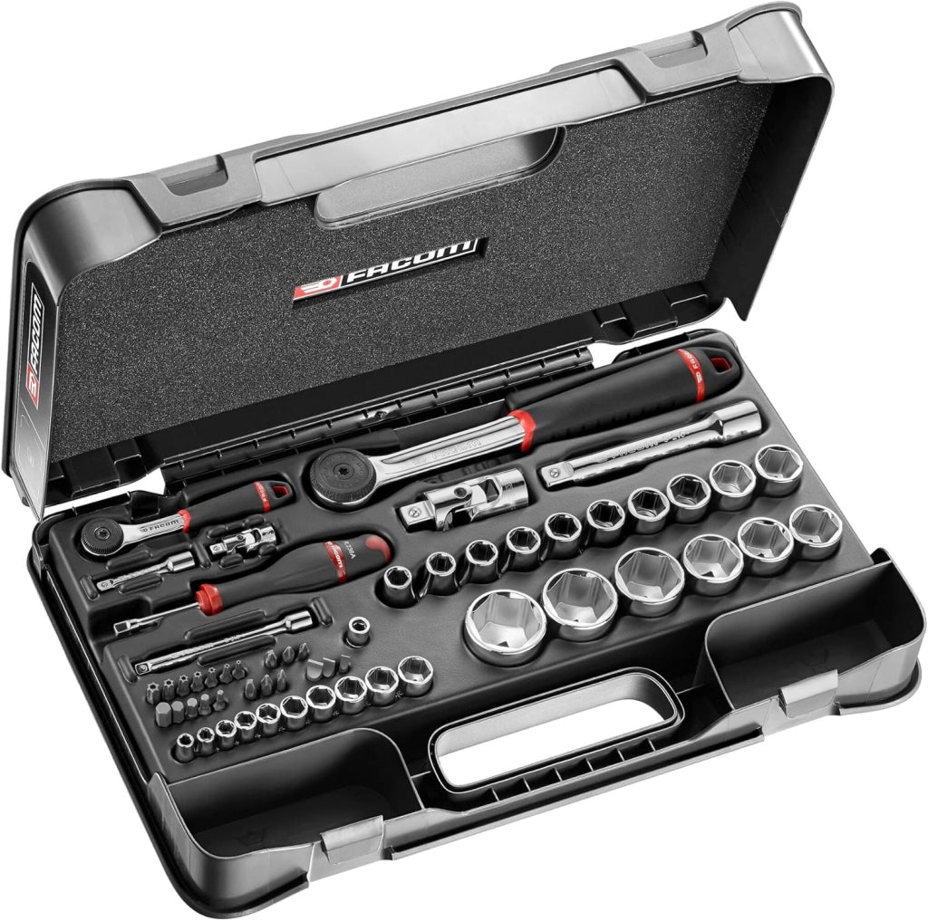 Set di 56 chiavi a bussola 1/4" & ½" RS.161-2 (valigetta completa con 10 chiavi a bussola 1/4", 16 chiavi esagonali da 1/2", cricchetti, punte, giunti cardanici, estensioni e maniglia)