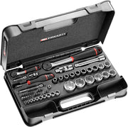 Set di 56 chiavi a bussola 1/4" & ½" RS.161-2 (valigetta completa con 10 chiavi a bussola 1/4", 16 chiavi esagonali da 1/2", cricchetti, punte, giunti cardanici, estensioni e maniglia)