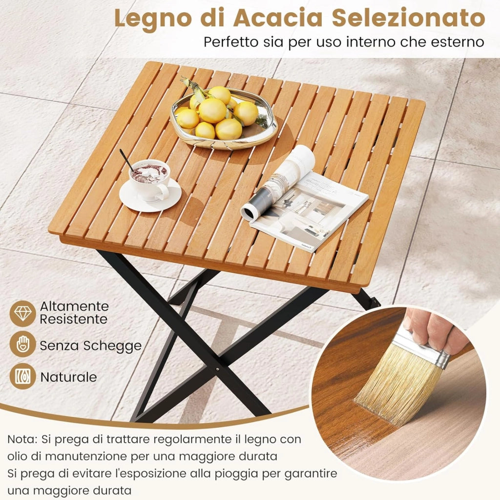 Tavolo Pieghevole da Esterno, Quadrato in Legno di Acacia, 2 Ganci di Fissaggio, Struttura a X, per Balcone Terrazzo Giardino, Portata 80 kg