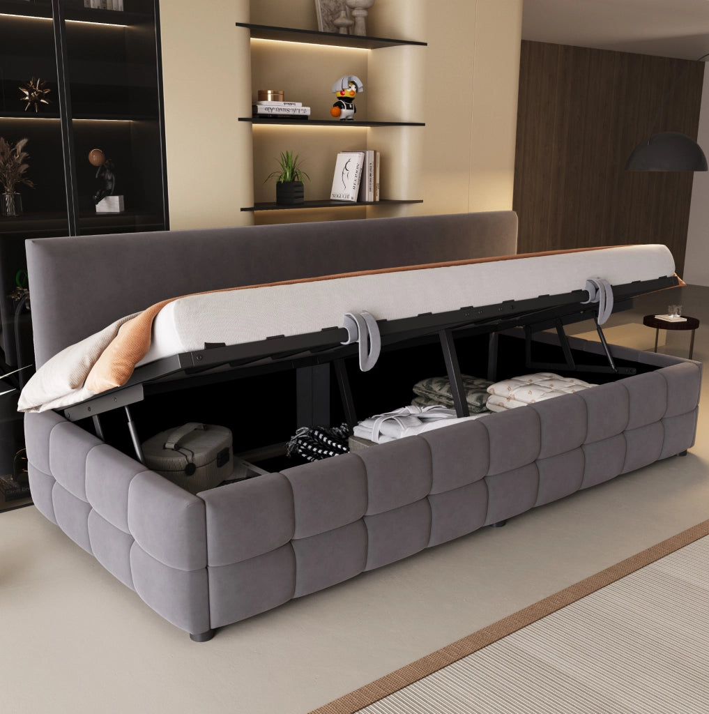 Letto imbottito singolo 90x200 cm con contenitore idraulico; velluto grigio