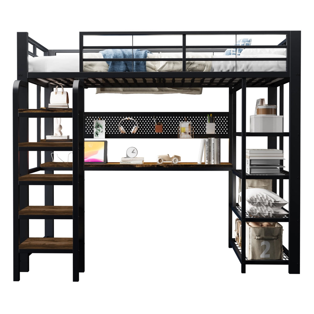Letto a soppalco in metallo 90x200 cm con LED; scrivania; prese integrate e ripiani; nero
