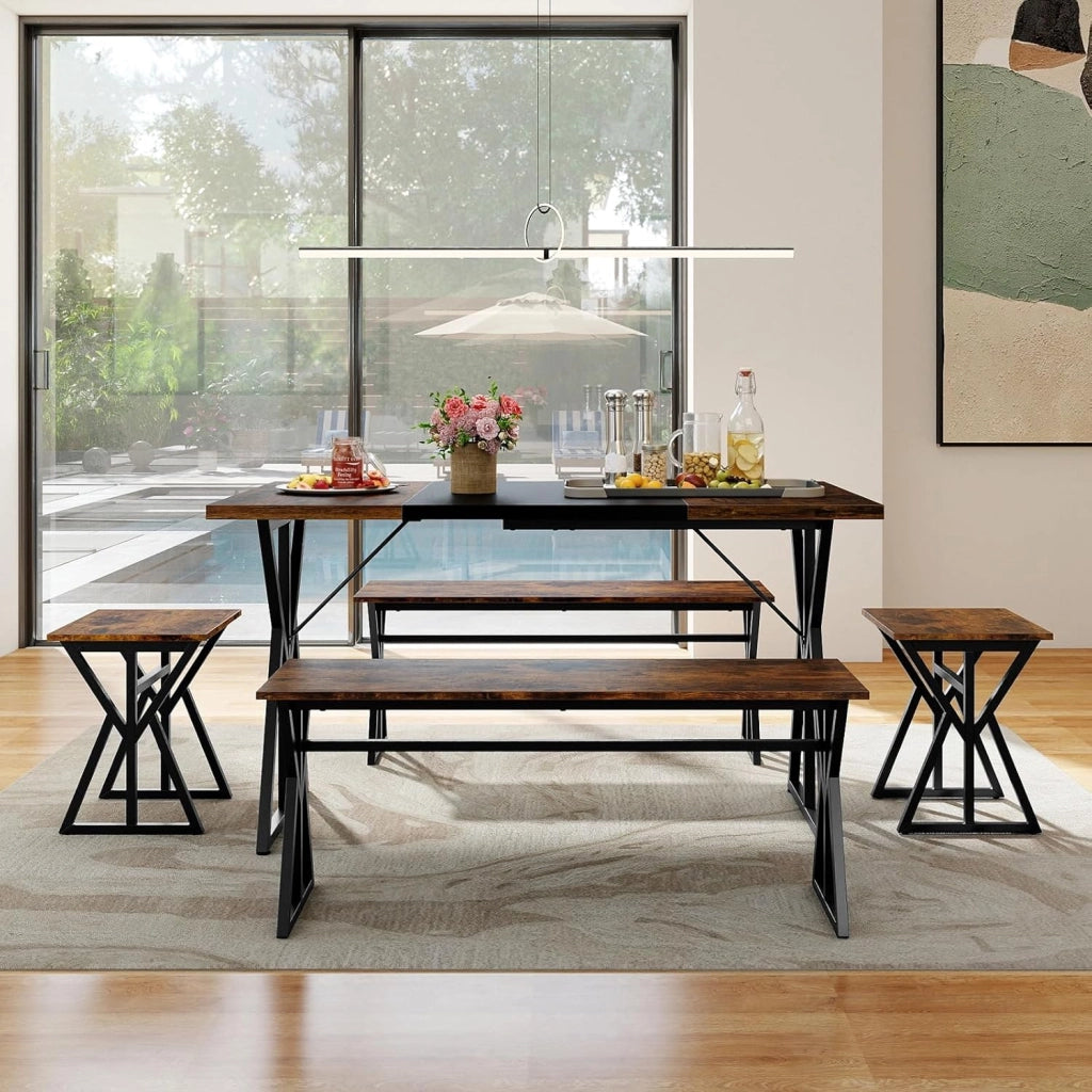 Set di tavolo da pranzo da 5 pezzi, tavolo da cucina 140 x 80 cm con 2 panche, 2 sgabelli, piano multicolore, telaio metallico, set di mobili industriali per la casa, bar, ristorante