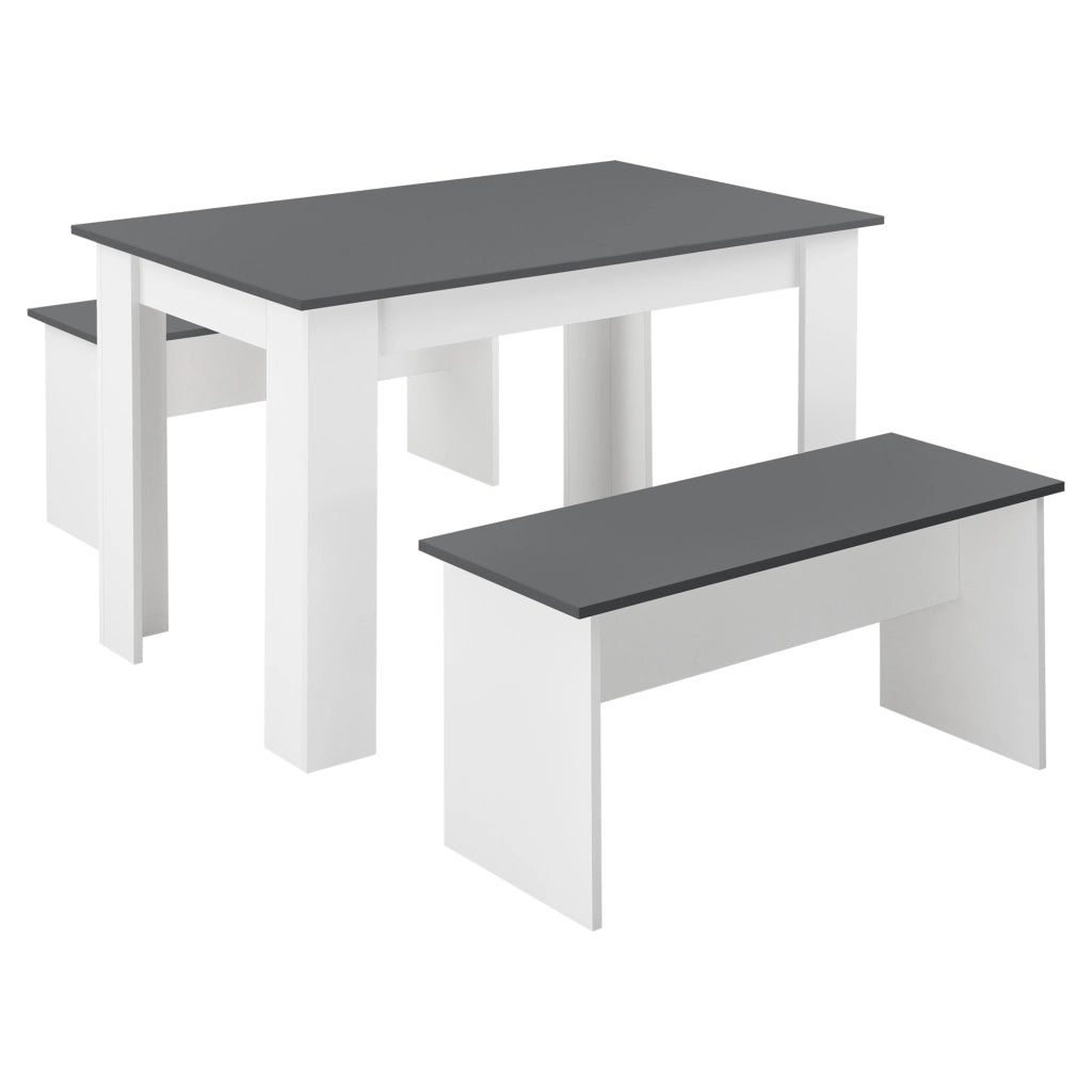 Set Hokksund per Sala da Pranzo Tavolo e 2 Panche - Bianco / Grigio [en.casa]