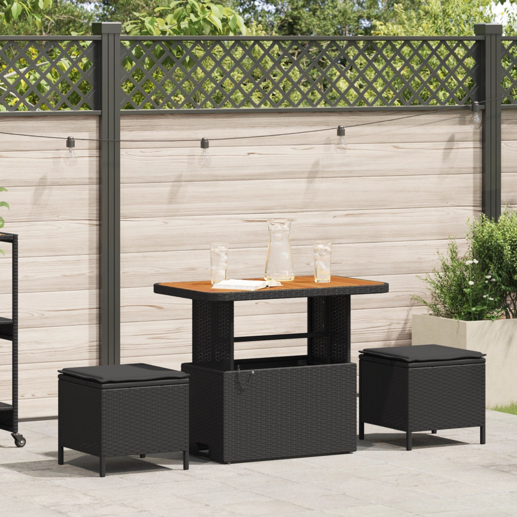Set da Pranzo da Giardino a 3 Pezzi con Cuscini Rattan Sintetico Nero Acacia