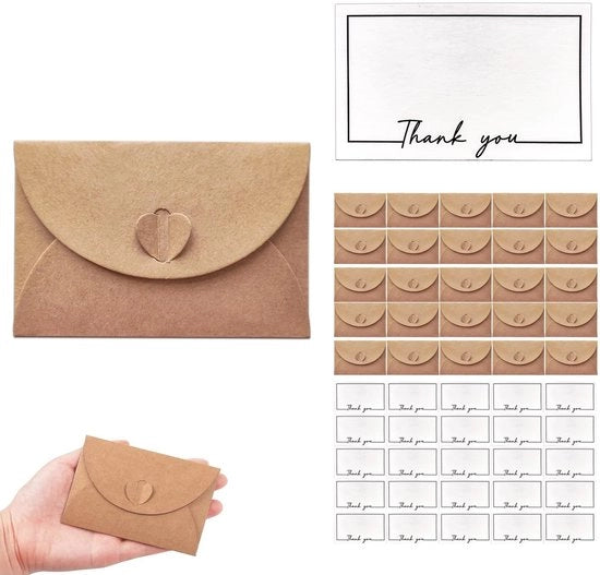 Set di Buste 25 pezzi - Carta Kraft - Buste Mini 7,5x10,5 cm - Carte Bianche 9x6 cm - Ideale per Matrimonio/Natale - Assemblaggio Facile