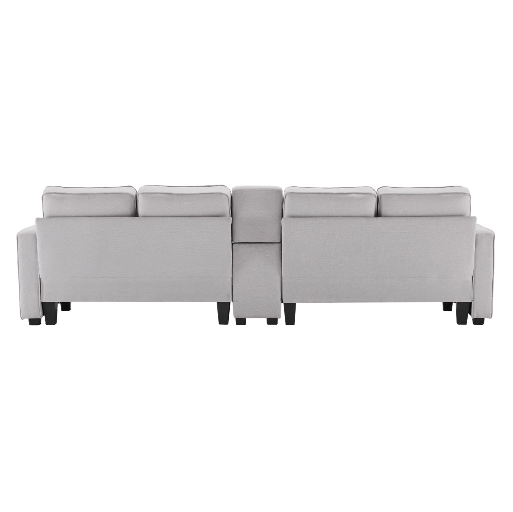 Divano 4 posti 290x83x88 cm con USB; portabicchieri e vani; tessuto grigio