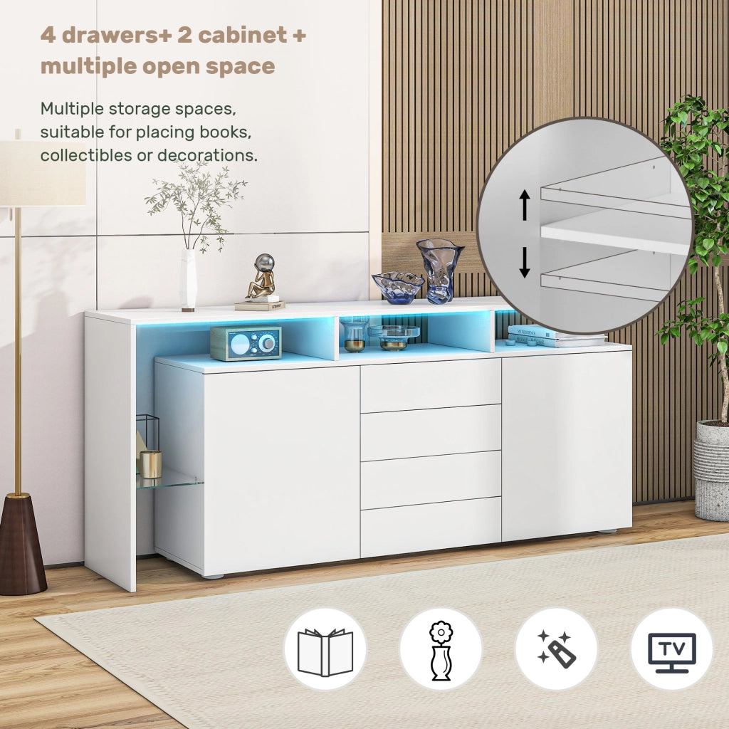 Credenza con 2 Ante; 4 Cassetti; 2 Vani Aperti e LED; Bianco Lucido; in Pannello Truciolare; 160¡Á35¡Á70 cm