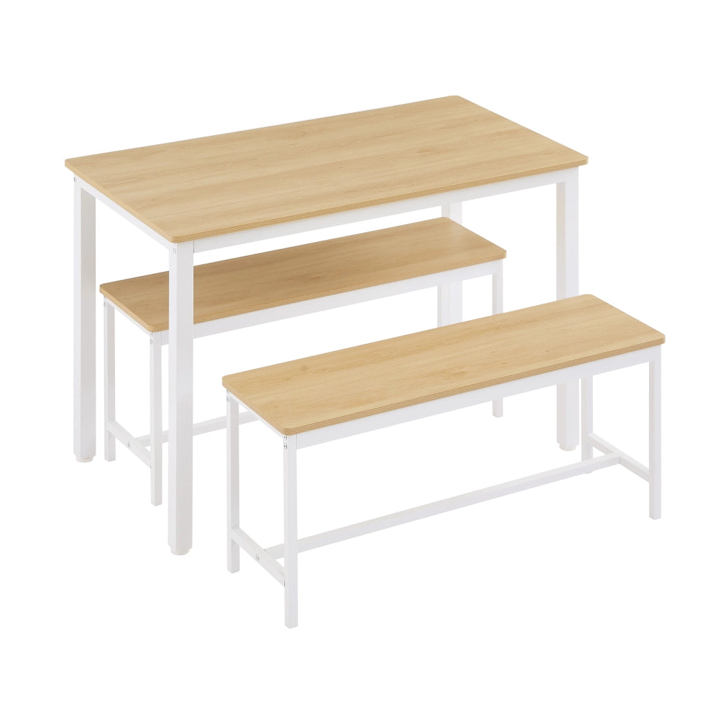 Tavolo da pranzo per 4 persone con 2 panche, stile industriale, per cucina, in truciolare e acciaio, naturale e bianco, 110 × 60 × 75 cm