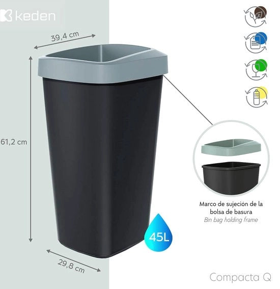 Emicemiereciclaggio 45 litri con coperchio apribile in plastica grigio