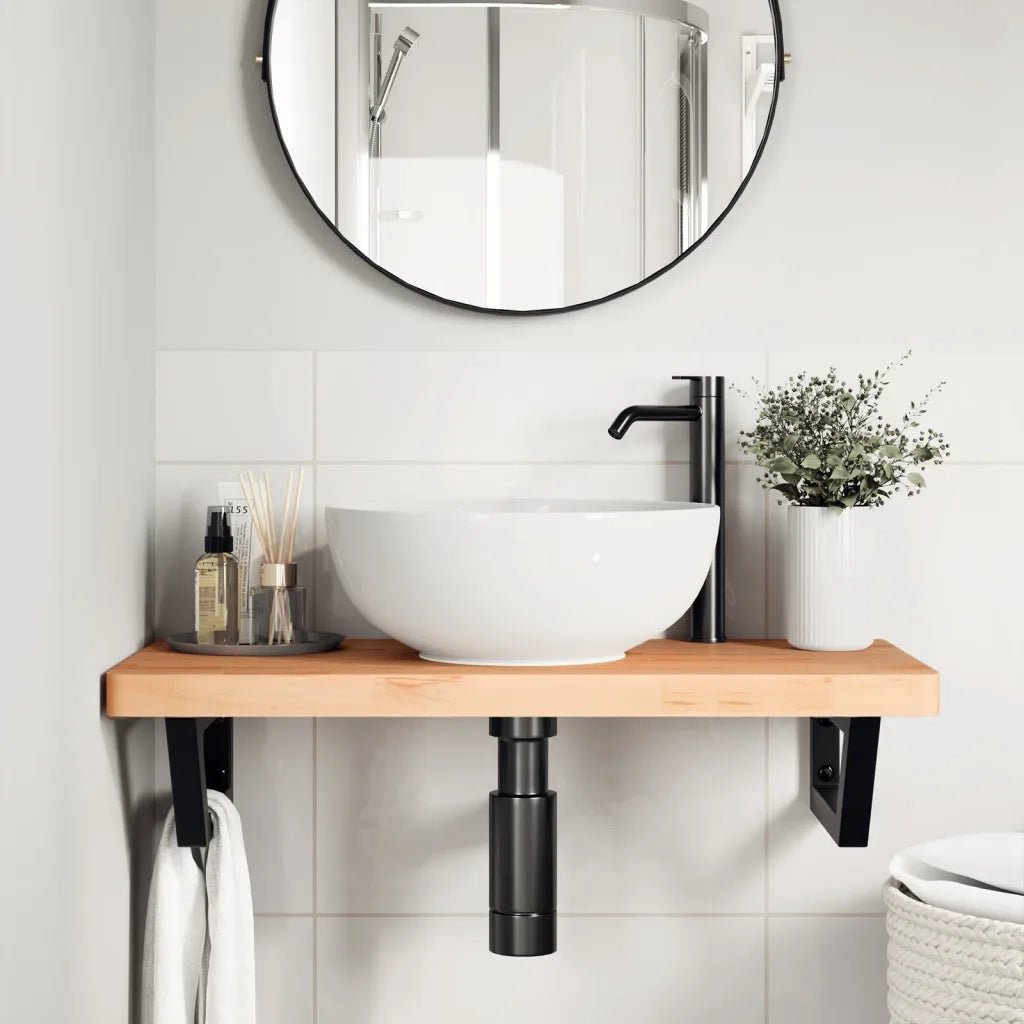 Ripiano a Parete per Lavabo-Mensole a Muro in Acciaio e Massello di Faggio 558905