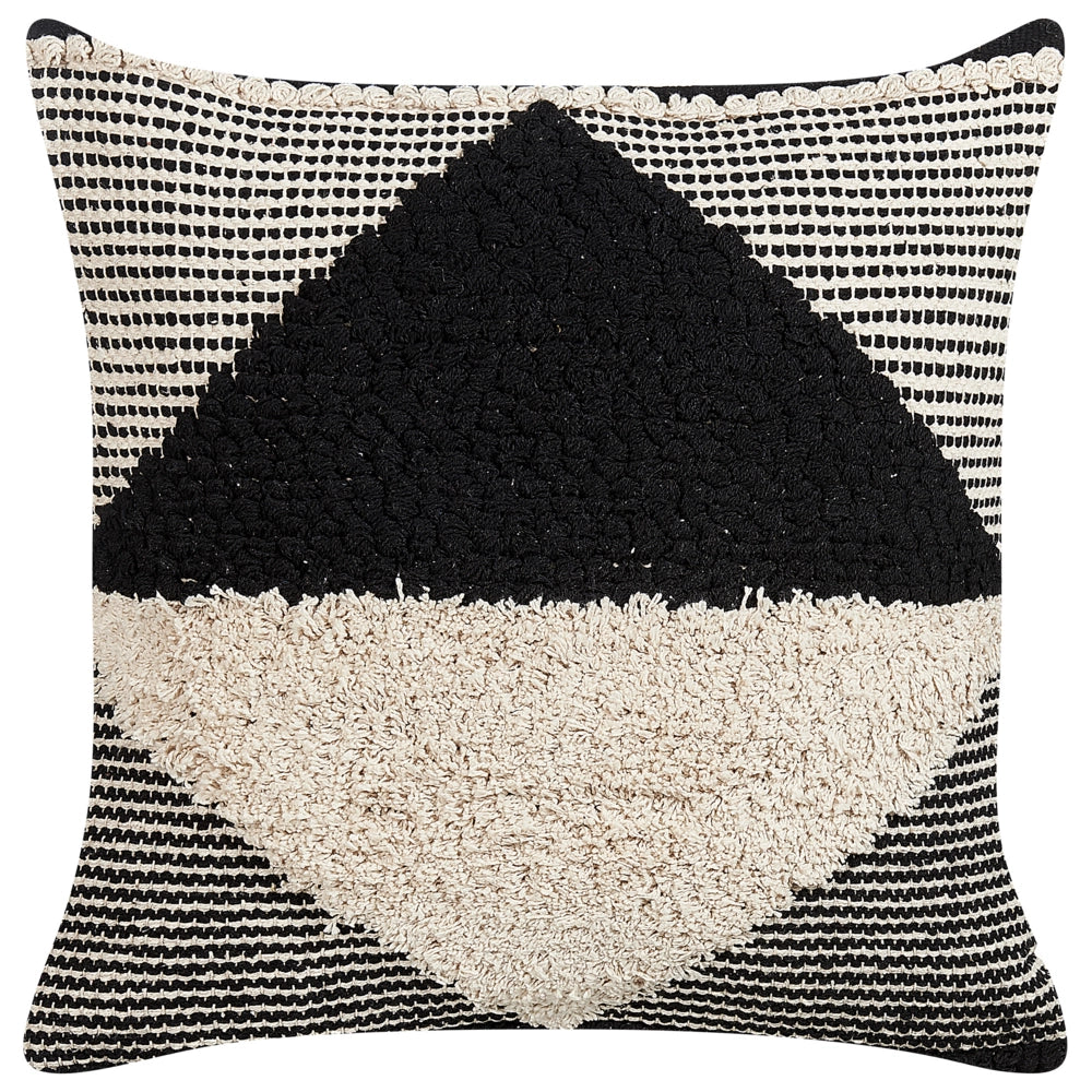 Cuscino decorativo in cotone beige e nero 50 x 50 cm motivo geometrico sfoderabile fatto a mano con imbottitura