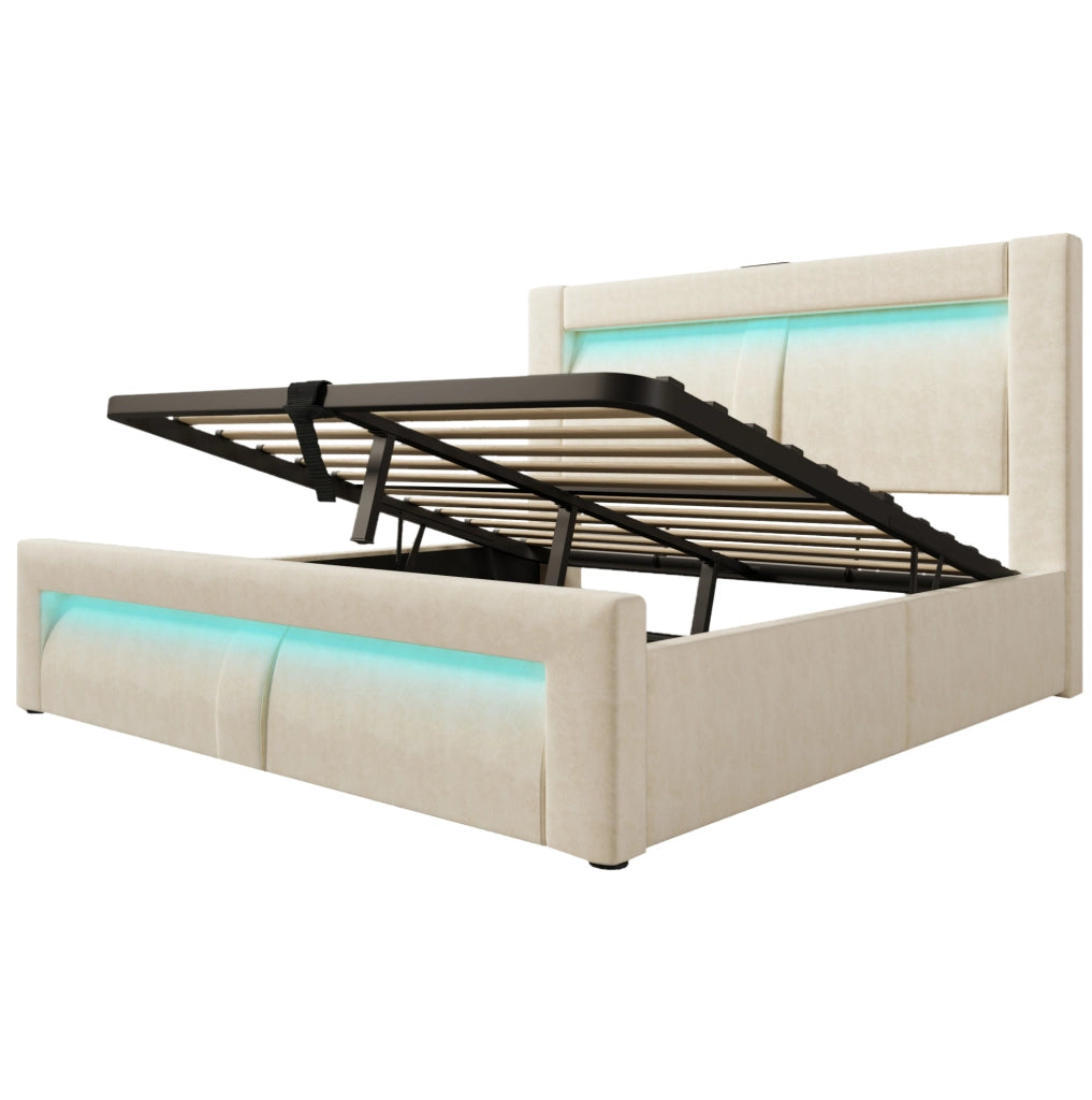 Letto matrimoniale 140x200 cm con contenitore; LED; USB e Type-C; testiera curva in velluto beige