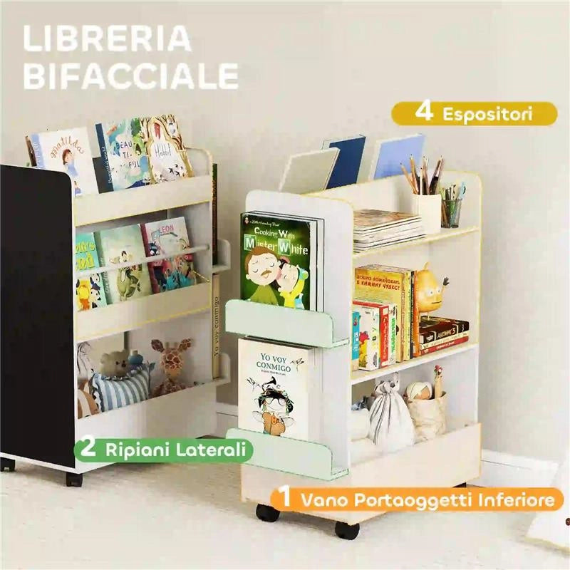 LIBRERIA PER BAMBINI 3-8 ANNI A DUE LATI, SCAFFALE PORTAGIOCHI CON RUOTE E LAVAGNA NERA, BIANCO 66.5 X 32.5 X 86.5 CM