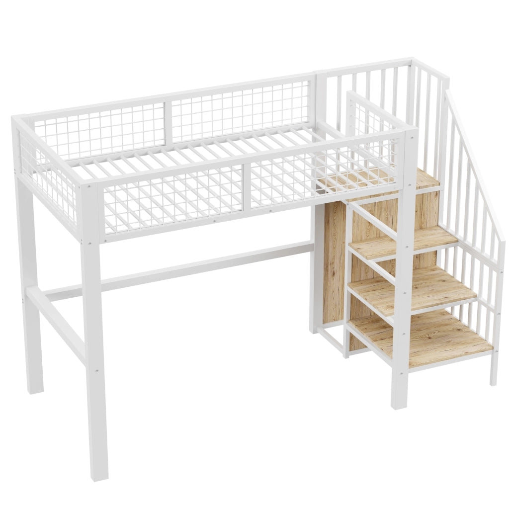 Letto a castello bianco con scala e armadio in metallo 90x200 cm