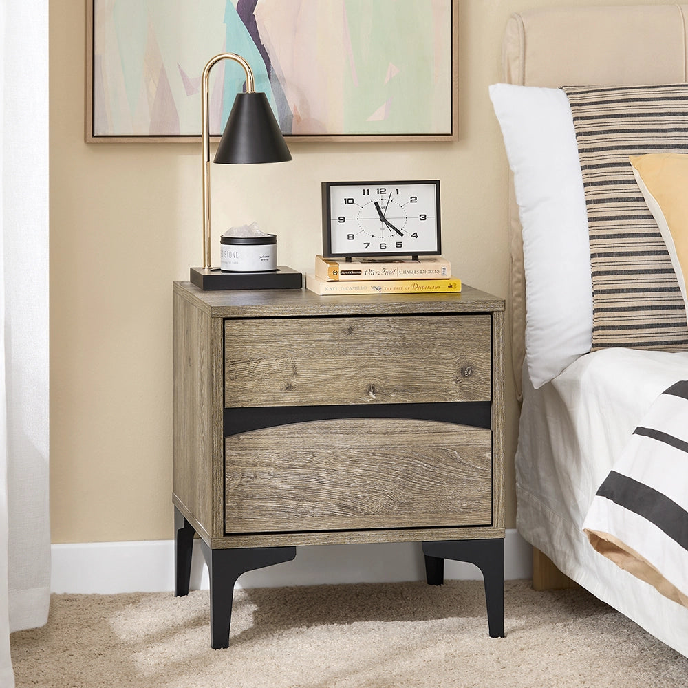 SoBuy Comodino, 2 cassetti con frontale curvo, effetto legno & gambe in metallo, Tavolino da notte moderno per camera da letto, 40×40×47 cm, naturale FBT165-N