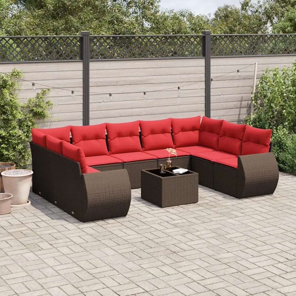 Set Divani da Giardino 10 pz con Cuscini Marrone in Polyrattan 3221813