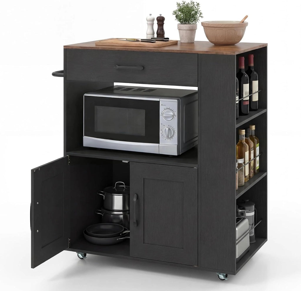 Credenza da Cucina su Ruote, Isola Mobile, Carrello da Servizio con Cassetto e 3 Ripiani, 2 Colori, 75 x 46 x 90,5 cm (Nero)