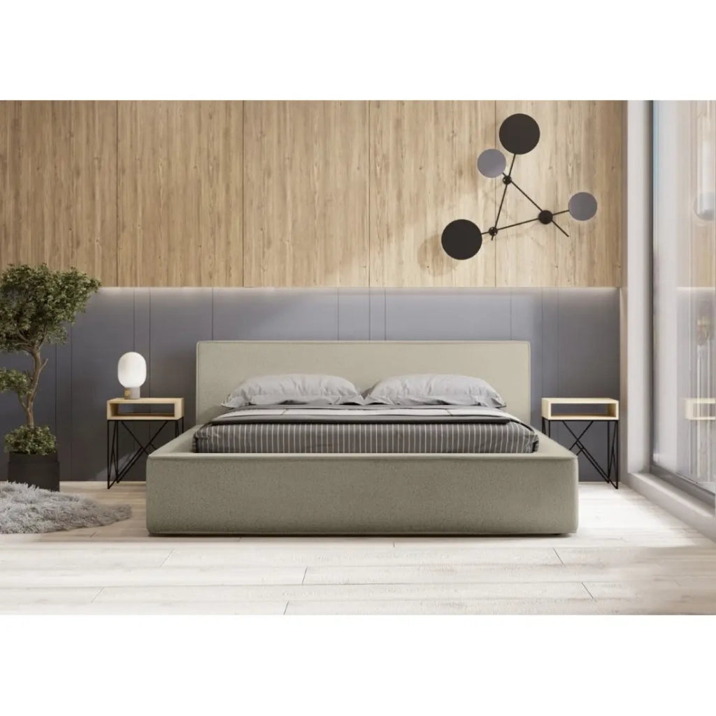 Letto contenitore VELORA – Lino naturale bouclé – 160x200 cm – Tessuto effetto lana – Rete sollevabile – Contenitore integrato