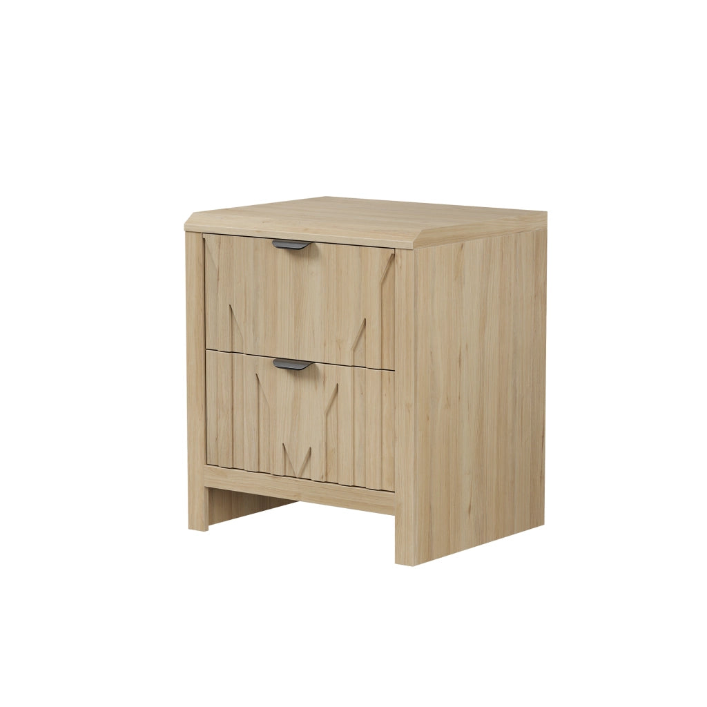 Comodino con 2 cassetti in finitura rovere, stile mid-century moderno con maniglie in metallo, 1 pezzo