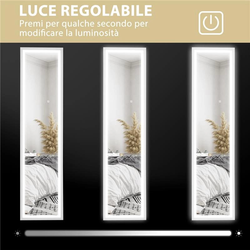 SPECCHIO ILLUMINATO CON LUCI LED REGOLABILI E PULSANTE TOUCH, IN VETRO E MDF, 40X5X160 CM, BIANCO