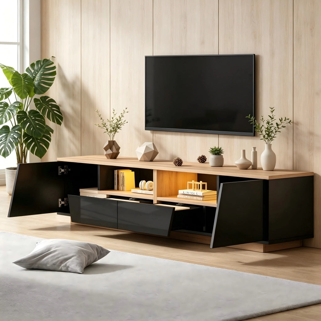 Mobile TV con 2 ante; 2 cassetti e LED - per soggiorno - 180x40x46 cm - in truciolare - nero e legno
