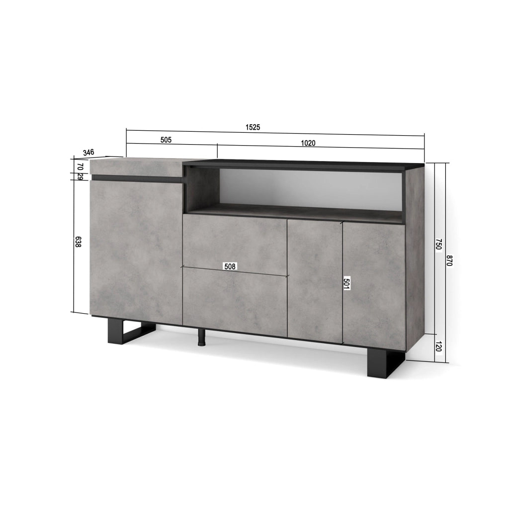 Credenza, Mobile, 150x35x87cm, 3 Porte, Design industriale, grigio cemento RF2497