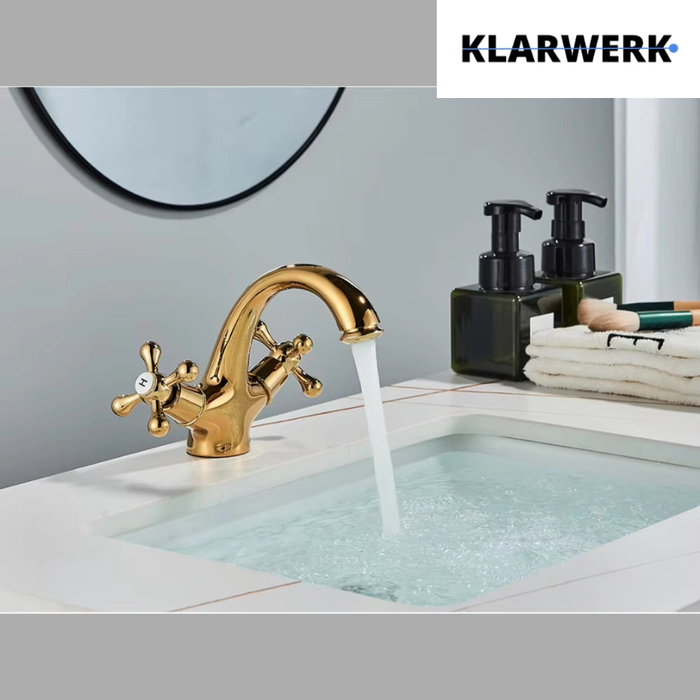 EVA | Rubinetto da bagno vintage Rubinetto da bagno dorato lucido |  retrò in acciaio inossidabile premium | Miscelatore gastronomico per  2 attacchi