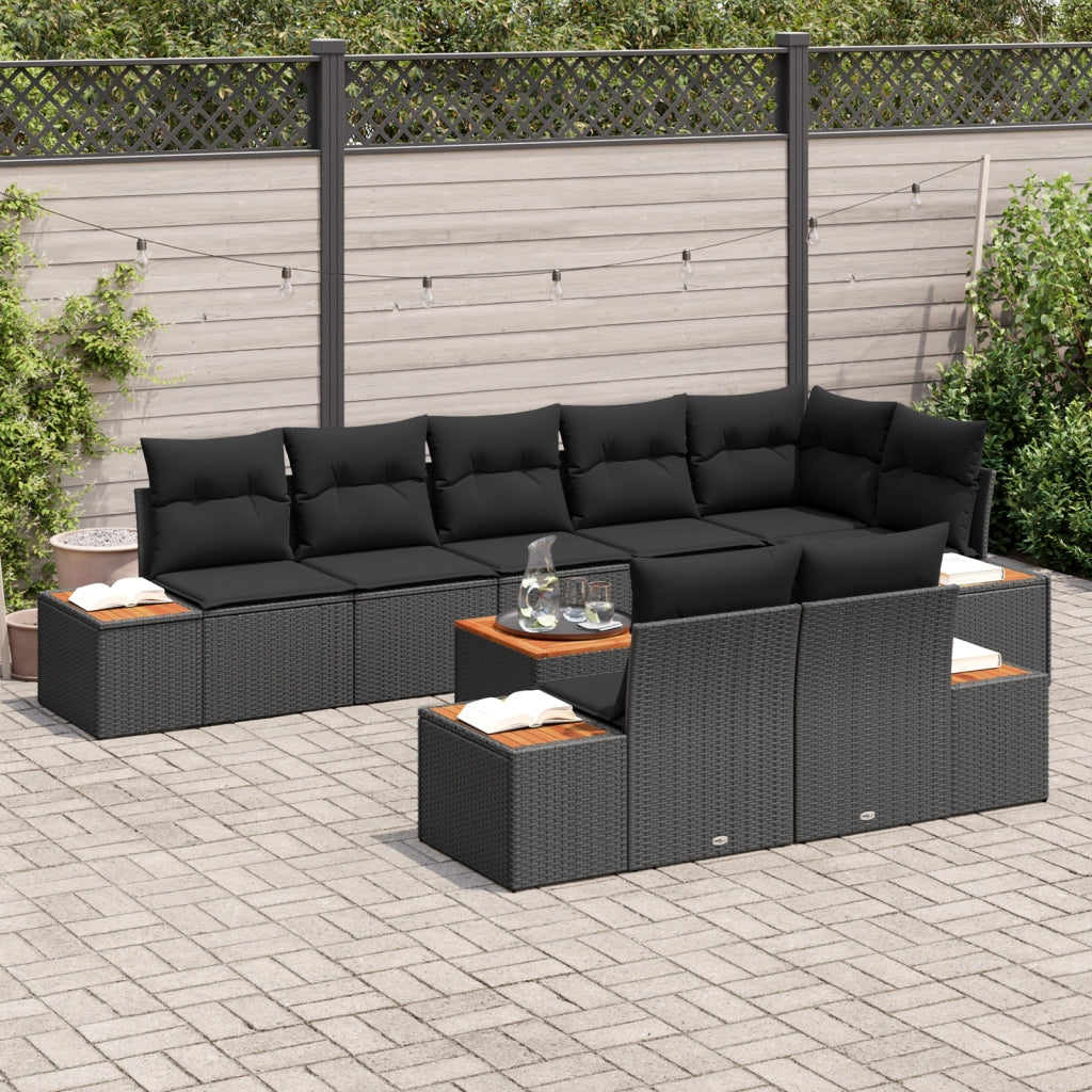 Set Divano da Giardino 9 Pezzi con Cuscini Polyrattan Nero Acacia