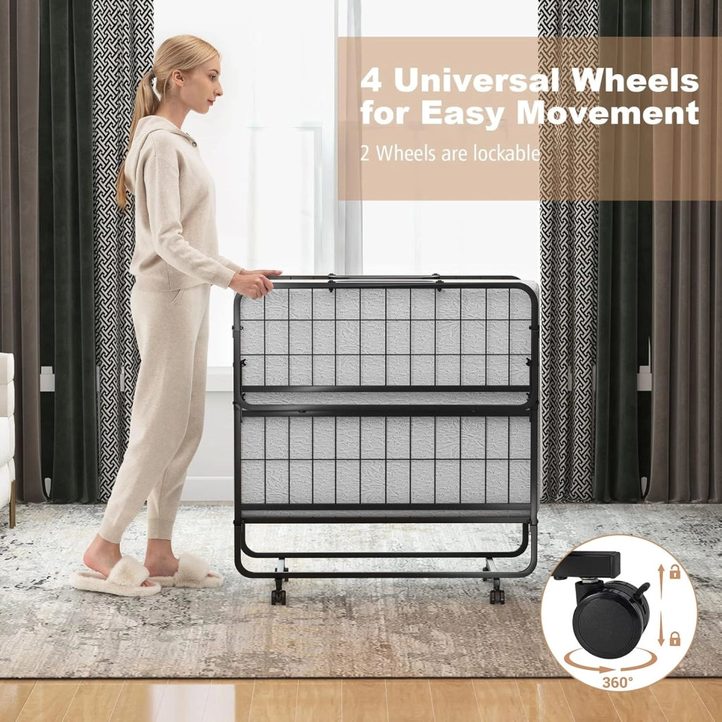 Letto Pieghevole con Materasso 190 cm, Letto per Ospiti a Scomparsa con Materasso in Memory Foam, Lettino Pieghevole Portatile su Ruote per Soggiorno, Camera, Ufficio