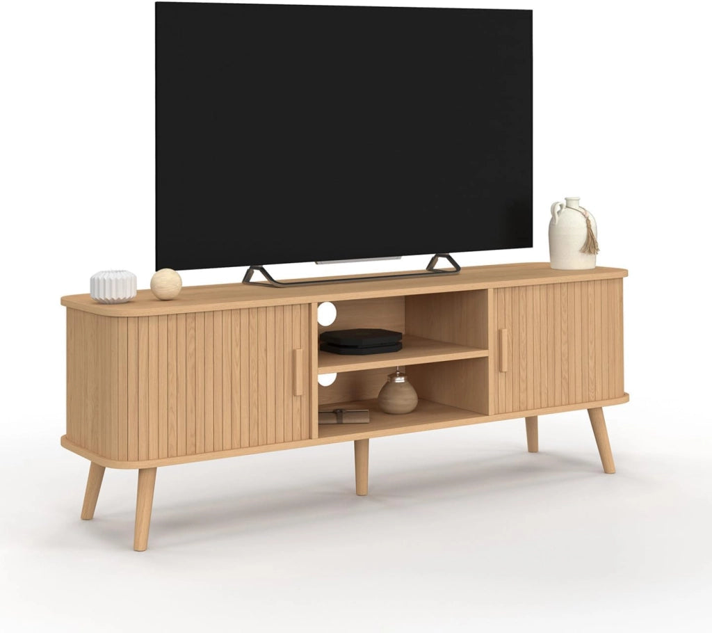 Mobile TV ROMIE 140 cm con 2 ante scorrevoli, doghe in legno color rovere