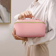 Make-up portatile con grande capacità, impermeabile, organizzatore per toilette con tessuto a intreccio rosso scuro, capienza grande