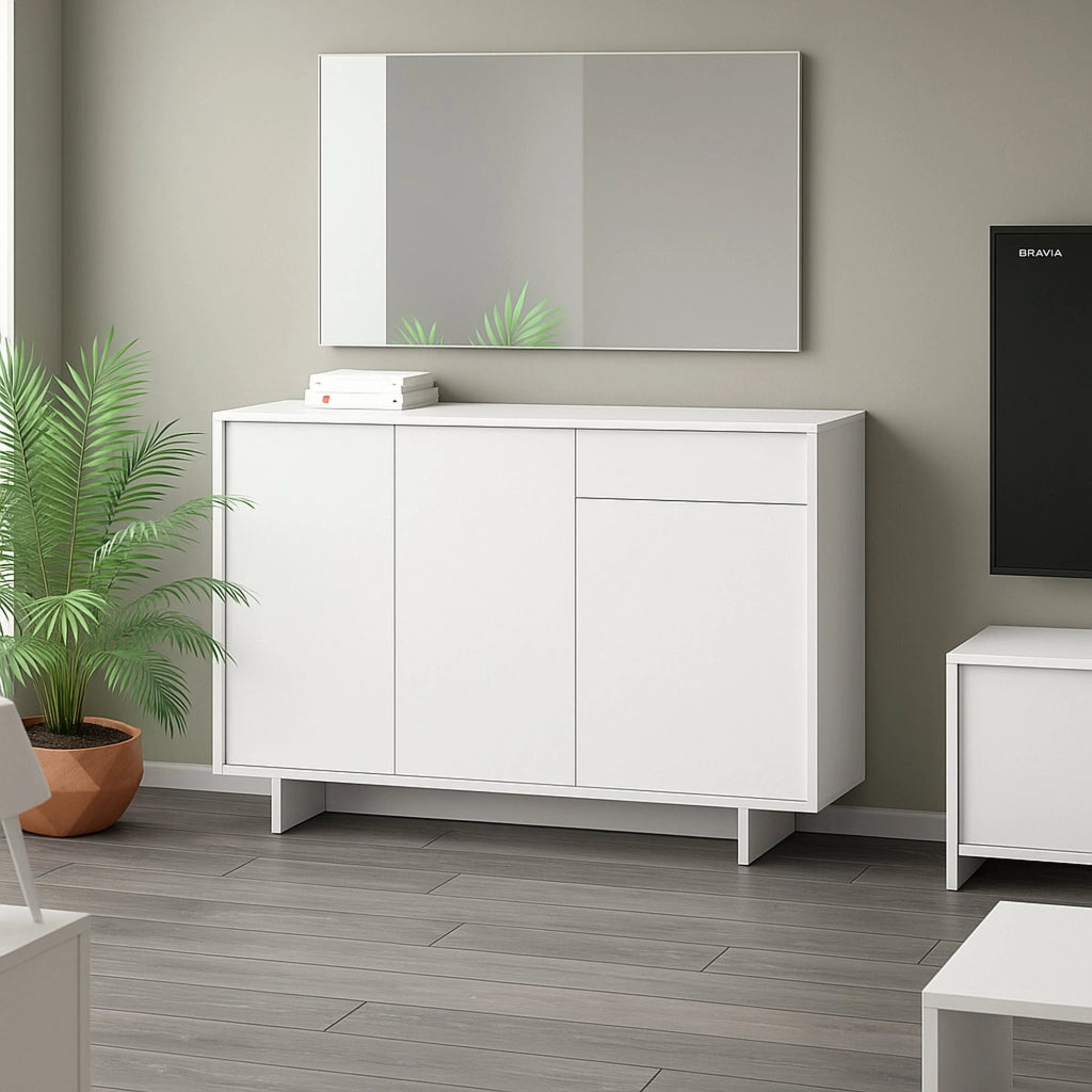 Credenza Arius, Madia da salotto, Buffet da soggiorno a 3 ante e 1 cassetto, 100% Made in Italy, 134x35h87 cm, Bianco