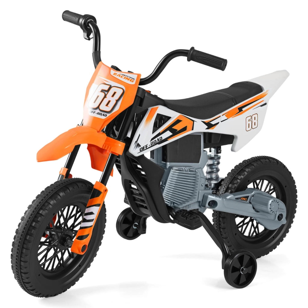 Moto per bambini 12v con ruote di allenamento rimovibili e sospensione a molla, Moto motorino a batteria con musica Arancione-Moto elettriche