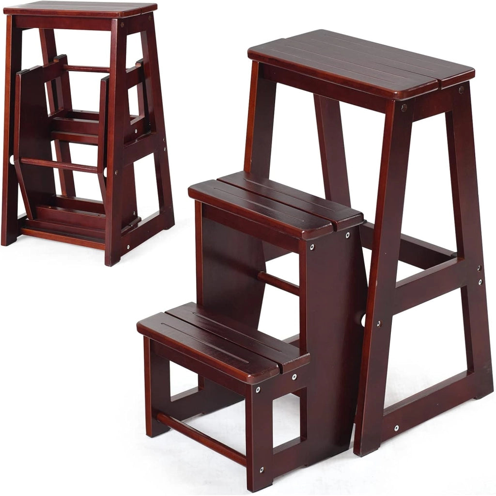 2 in 1 Scaletta e Sgabello Legno, Sgabello Scala Pieghevole, a 3 Gradini, Portata di 150 kg, Richiudibile e Salvaspazio, Ideale per Soggiorno/Studio/Ufficio, 38,5x57x66 cm, 2 Colori
