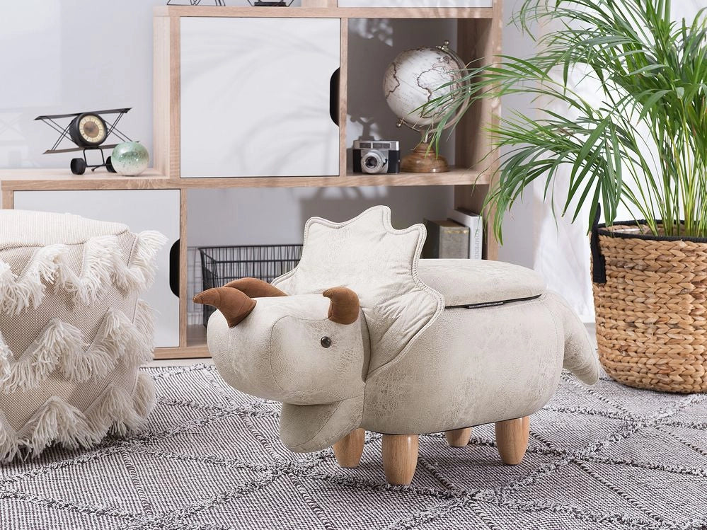 Animale Triceratopo Sgabello per bambini Tessuto in poliestere grigio chiaro Gambe in legno imbottite contenitore Poggiapiedi cameretta