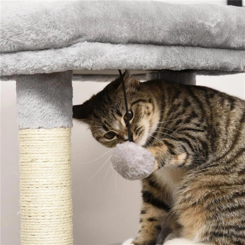 ALBERO TIRAGRAFFI PER GATTI MULTILIVELLO CON LETTINO E CASETTA, RIVESTIMENTO IN PELUCHE, GRIGIO