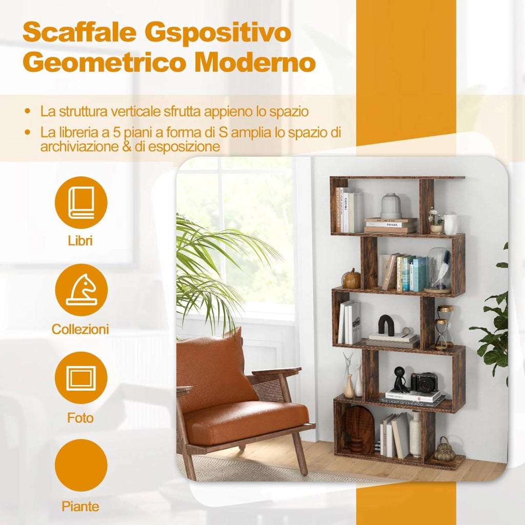 Scaffale in Legno a 5 Ripiani, Libreria Scaffale a Forma di S con Dispositivo Antiribaltamento, Divisorio per Soggiorno Ufficio Camera da Letto, 70 x 23,5 x 158 cm