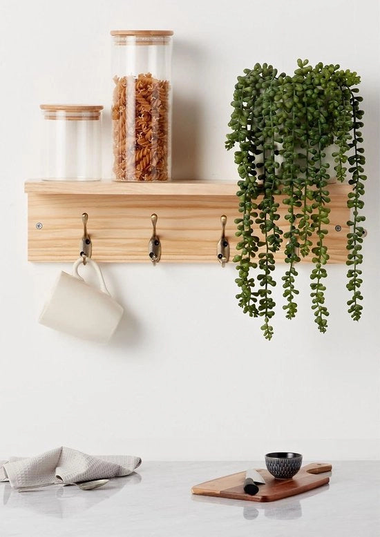 Plank per parete con ganci in ottone, legno di quercia, attaccapanni per parete, 4 ganci, attaccapanni per parete, tavolo da parete in legno per corridoio, cucina e bagno, tavolo da parete per giacche, asciugamani, chiavi, multifunzionale 11,5 x 45 x